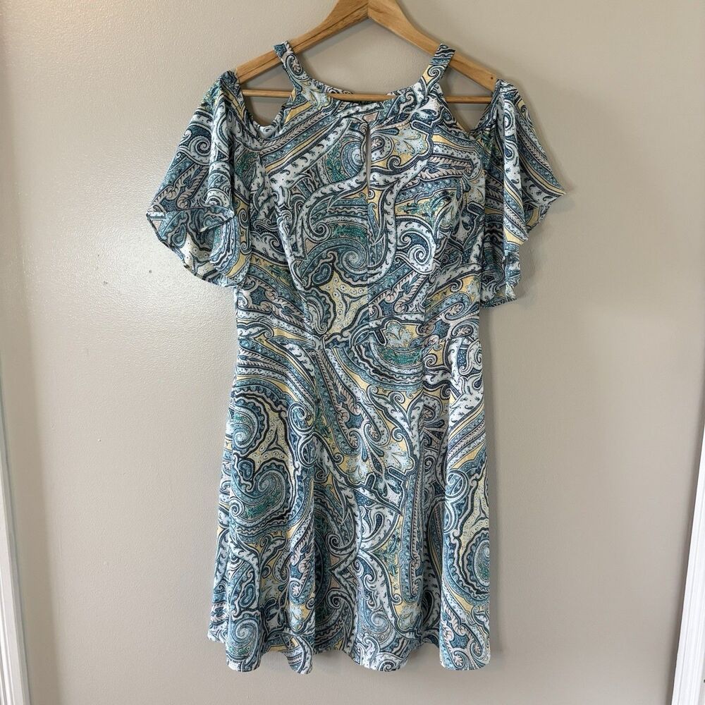 White House Black Market Cold Shoulder Dress Blue Yellow Paisley Sz 10
